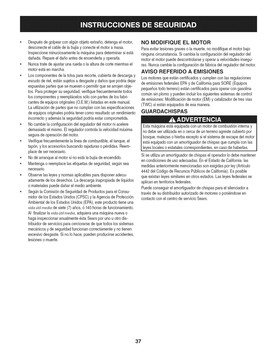 Craftsman 247.38528 manual No Modifique El Motor, Aviso Referido A Emisiones, Guardachispas 
