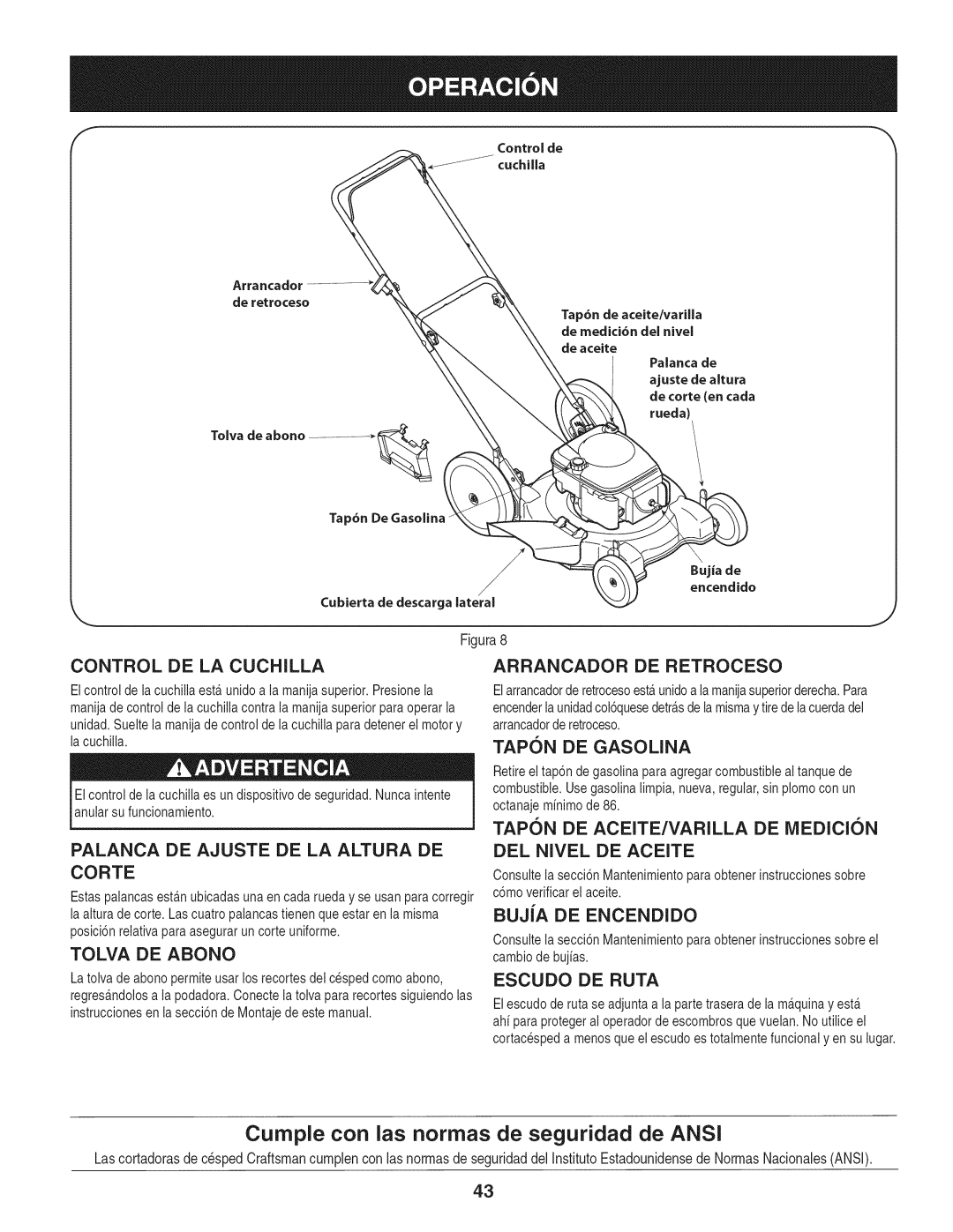 Craftsman 247.38528 manual Curnple con las norrnas de seguridad de ANSI, BUJiA DE ENCENDIDO, Control De La Cuchilla 