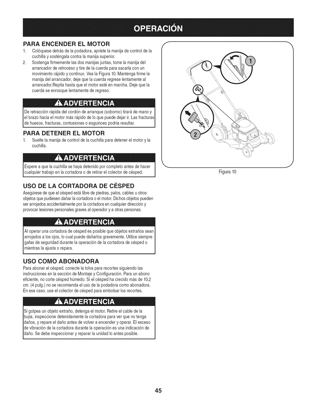 Craftsman 247.38528 manual Para Encender El Motor, Para Detener El Motor, Uso De La Cortadora De Cesped, Uso Como Abonadora 