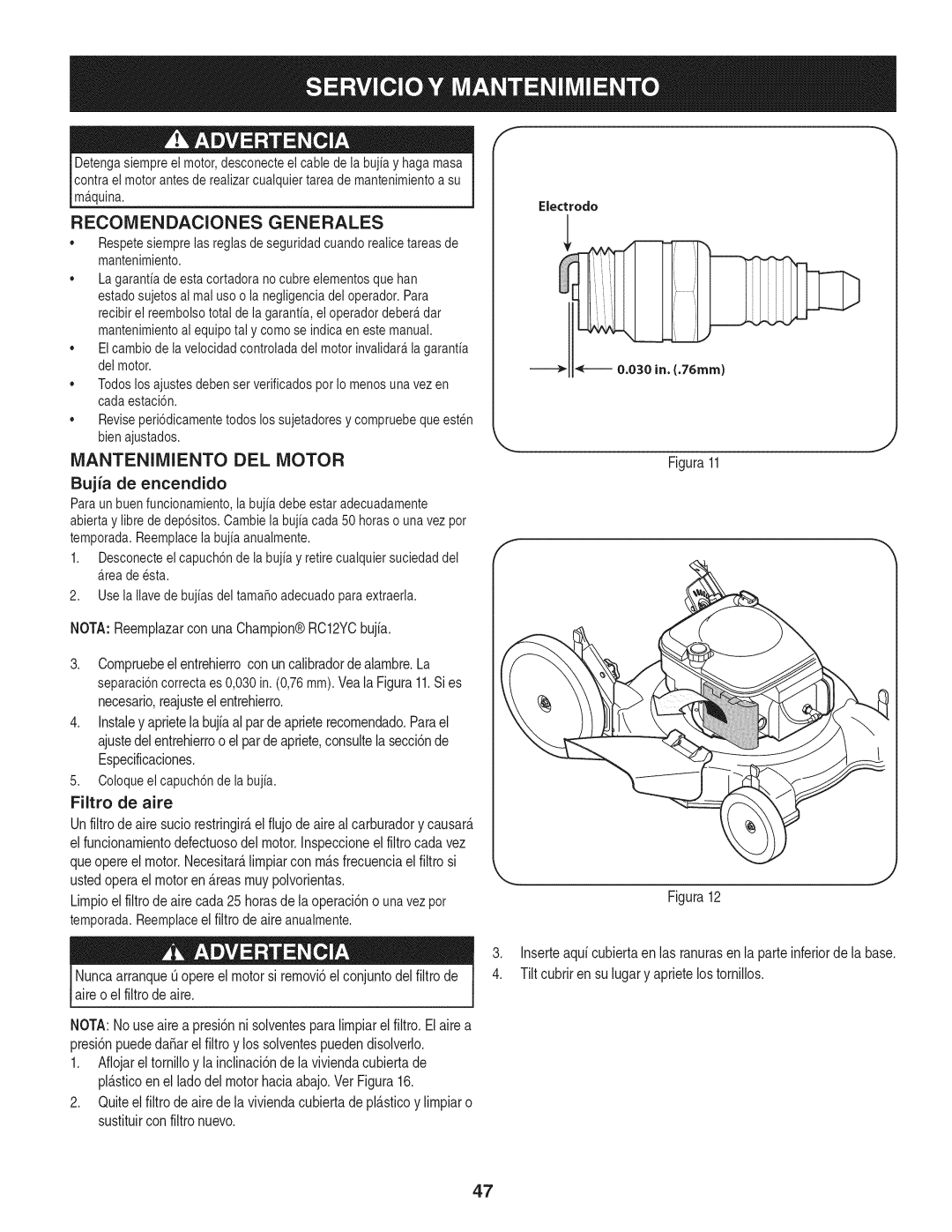Craftsman 247.38528 manual Reconiendaciones Generales, Iviantenimiento Del Motor, Filtro de aire 