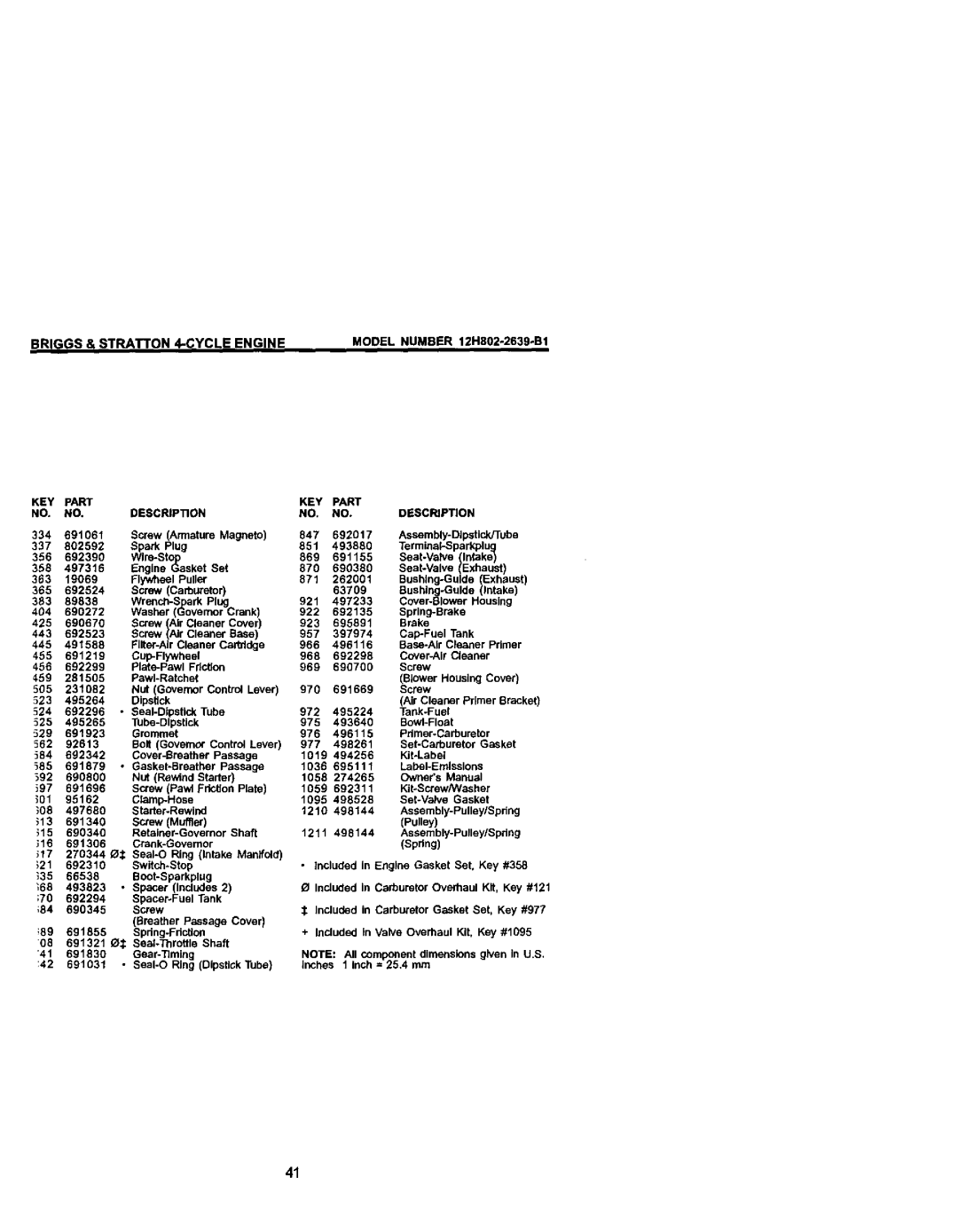 Craftsman 38872 owner manual Briggs & STRArTON 4-CYCLE Engine, Model Number 12H802-2639-B1 