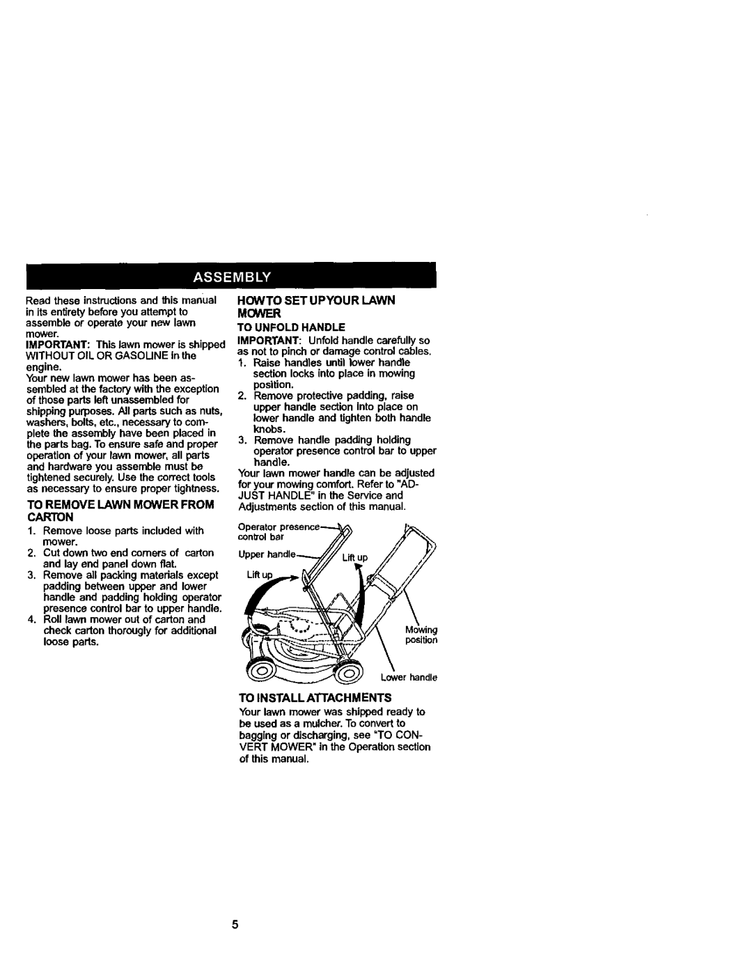 Craftsman 38872 owner manual Engine, To Remove Lawn Mower from Carton, Howto SET Upyour Lawn Mower To Unfold Handle 