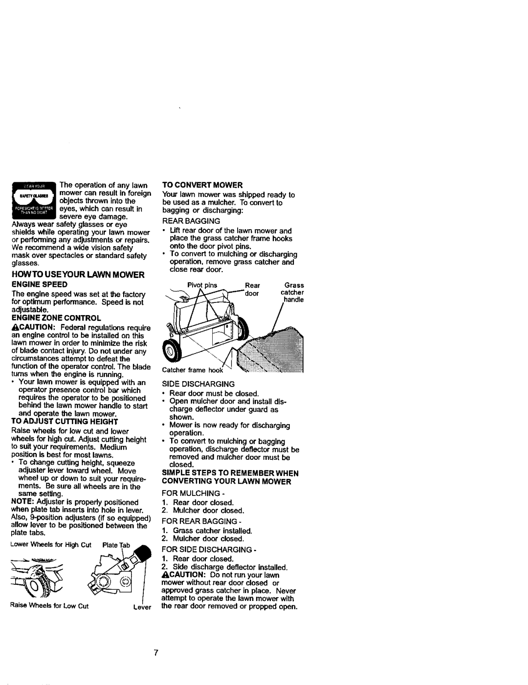 Craftsman 38872 owner manual Howto Useyour Lawn Mower Engine Speed, Engine Zone Control, To Convert Mower, Rear Bagging 