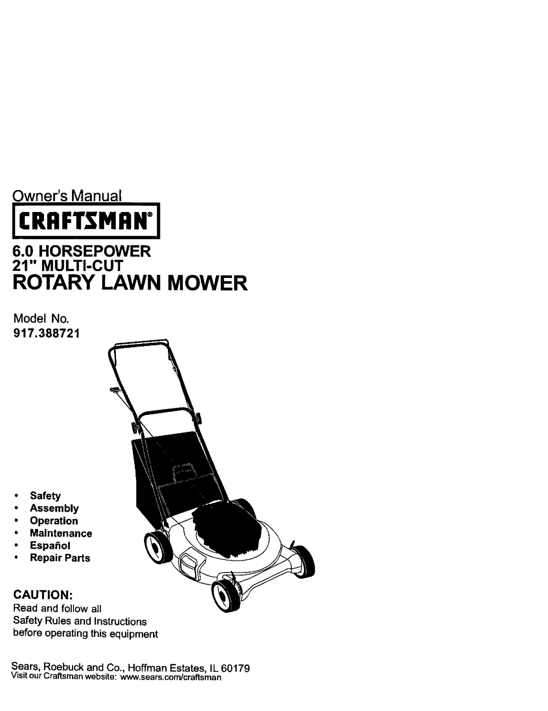 Craftsman 38872 owner manual Model No, JCRAFT$1qAWJ, Rotary Lawn Mower, OwnersManual, 6.0HORSEPOWER 21 MULTI-CUT 