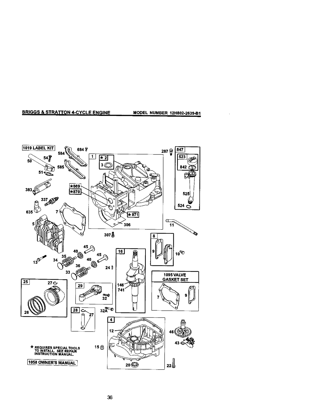 Craftsman 38872 owner manual MODEL NUMBER 12HS02-2639-B1, Label Kit, 383, 635, 525! J 524 1895VALVE, Gasket Set 