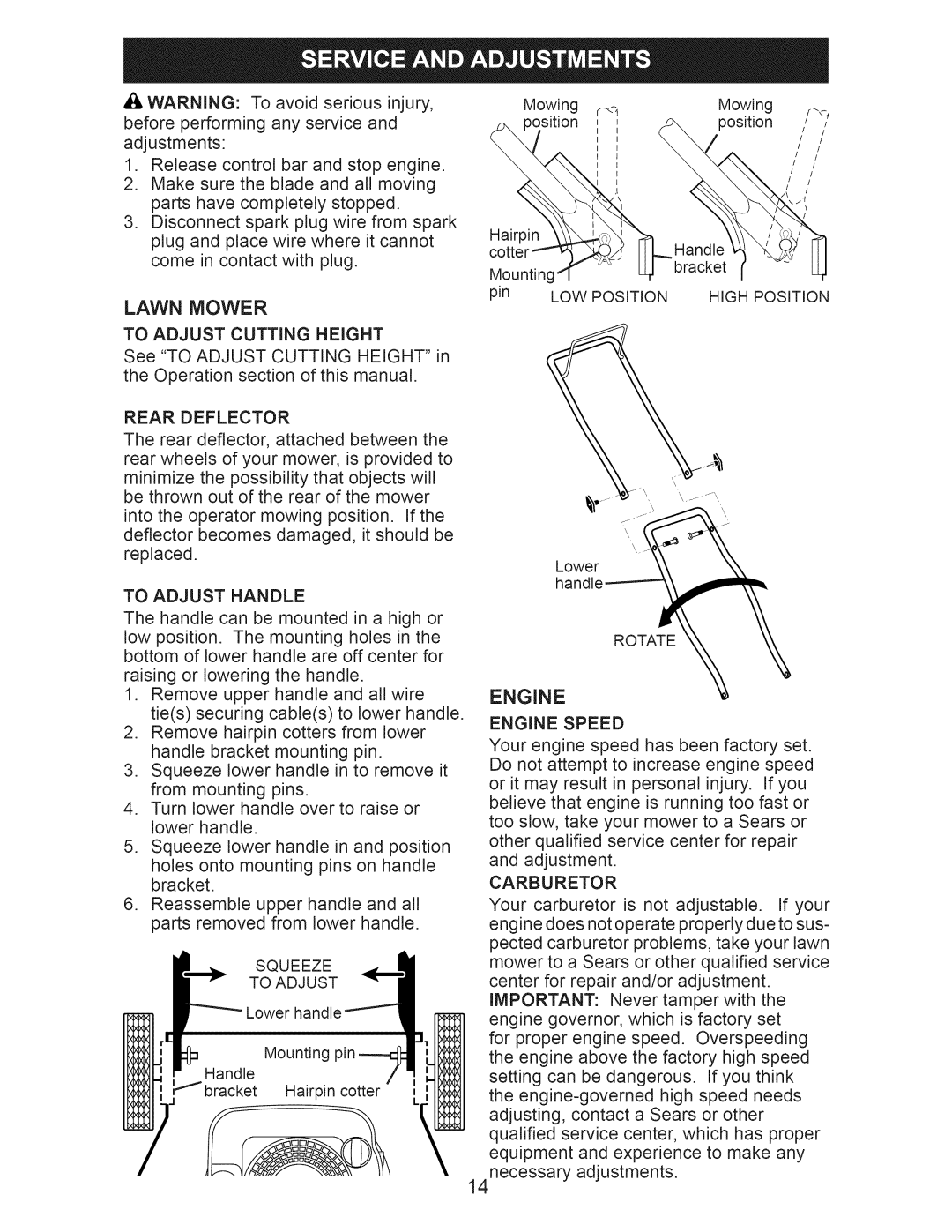 Craftsman 917.389011 manual Rear Deflector, To Adjust Handle, Engine, Carburetor 