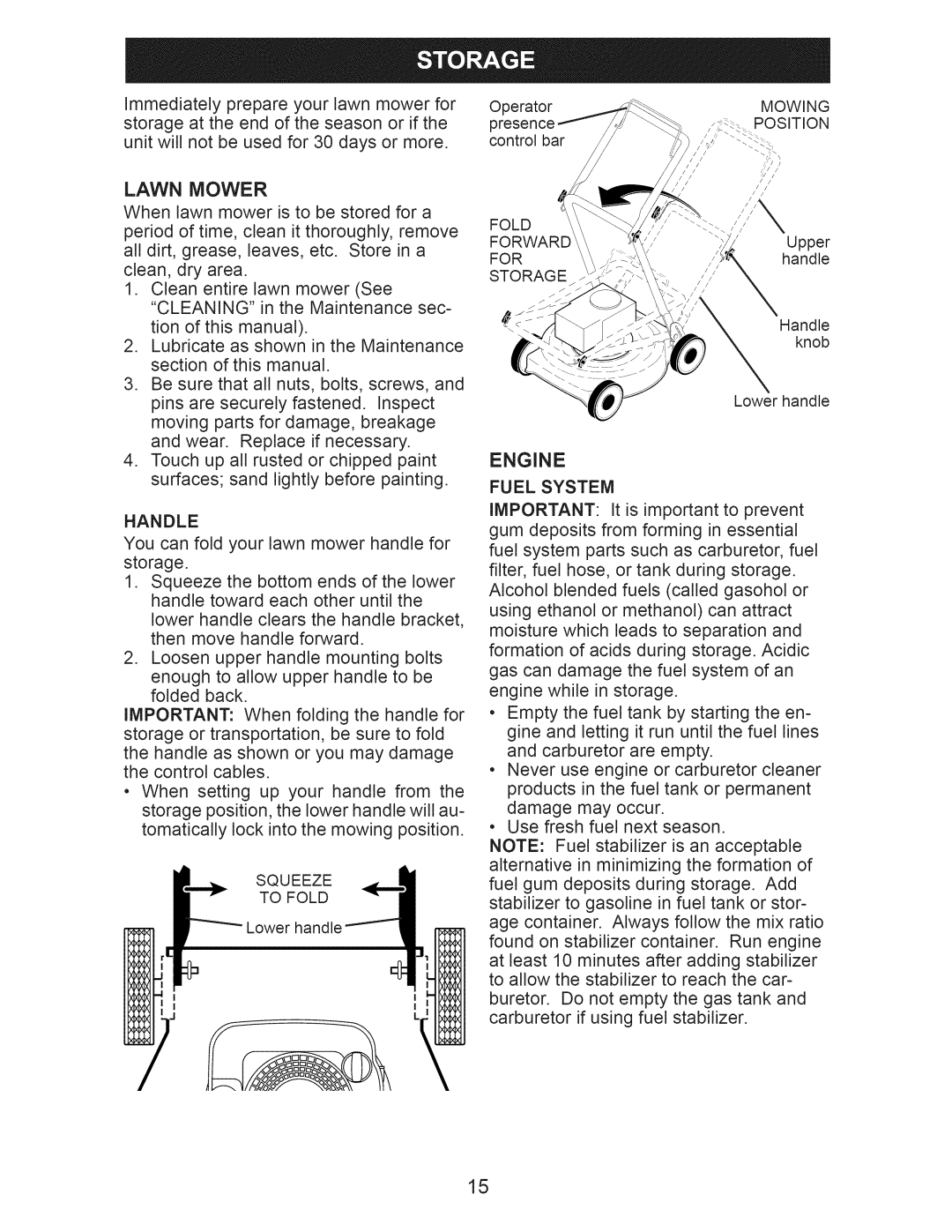 Craftsman 917.389011 manual Handle, Fuel System, Squeeze To Fold, Mowing, Position 