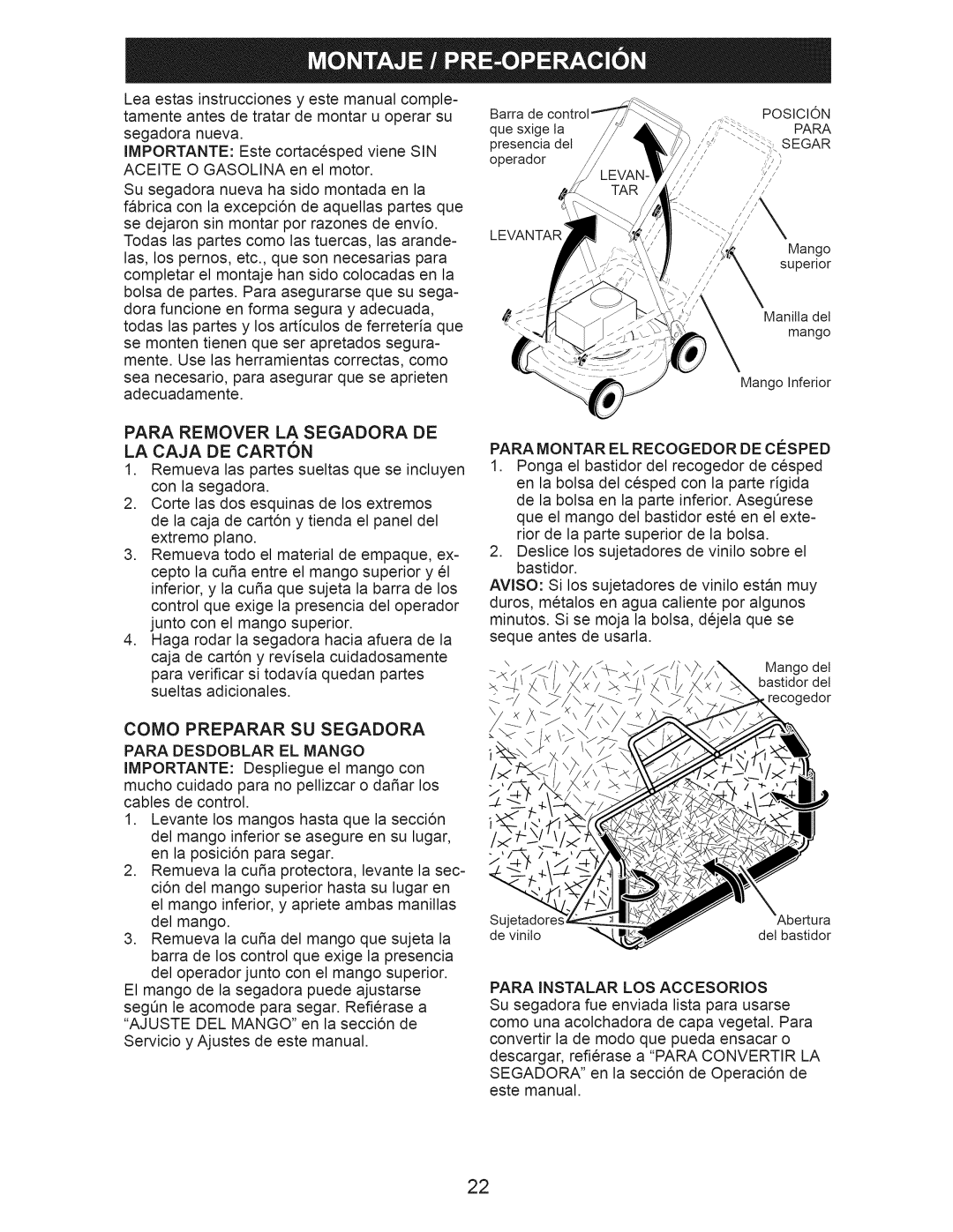 Craftsman 38901 Como Preparar SU Segadora, Para Remover LA Segadora DE LA Caja DE Carton, Para Instalar LOS ACCE$ORIOS 