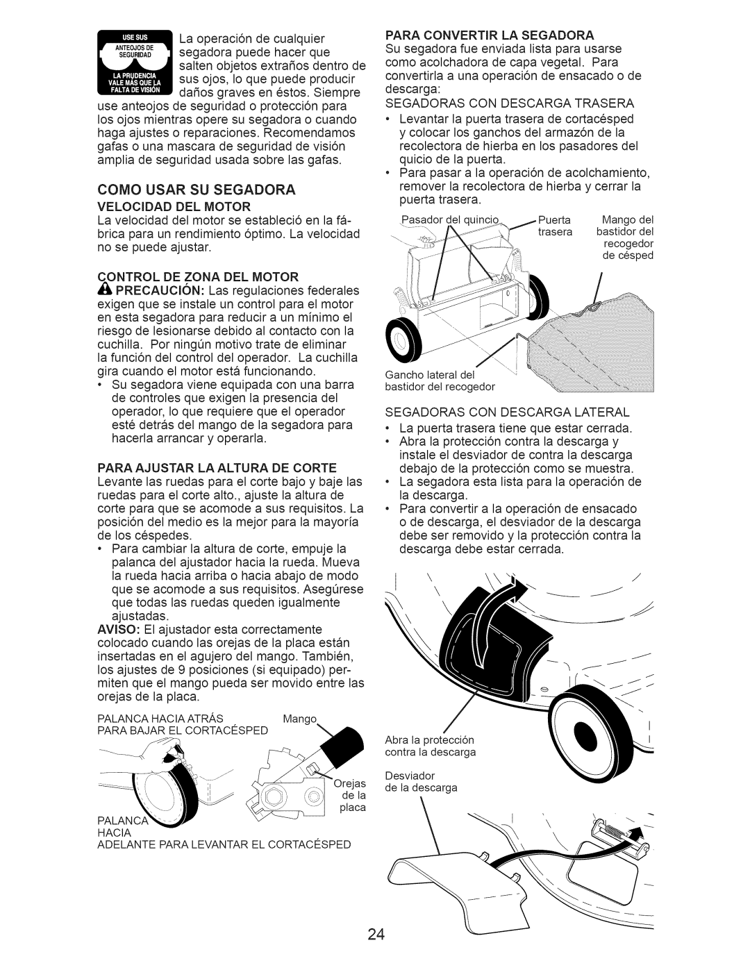 Craftsman 917.389011 manual Como Usar SU Segadora, Control DE Zona DEL Motor, Para Convertir LA Segadora 