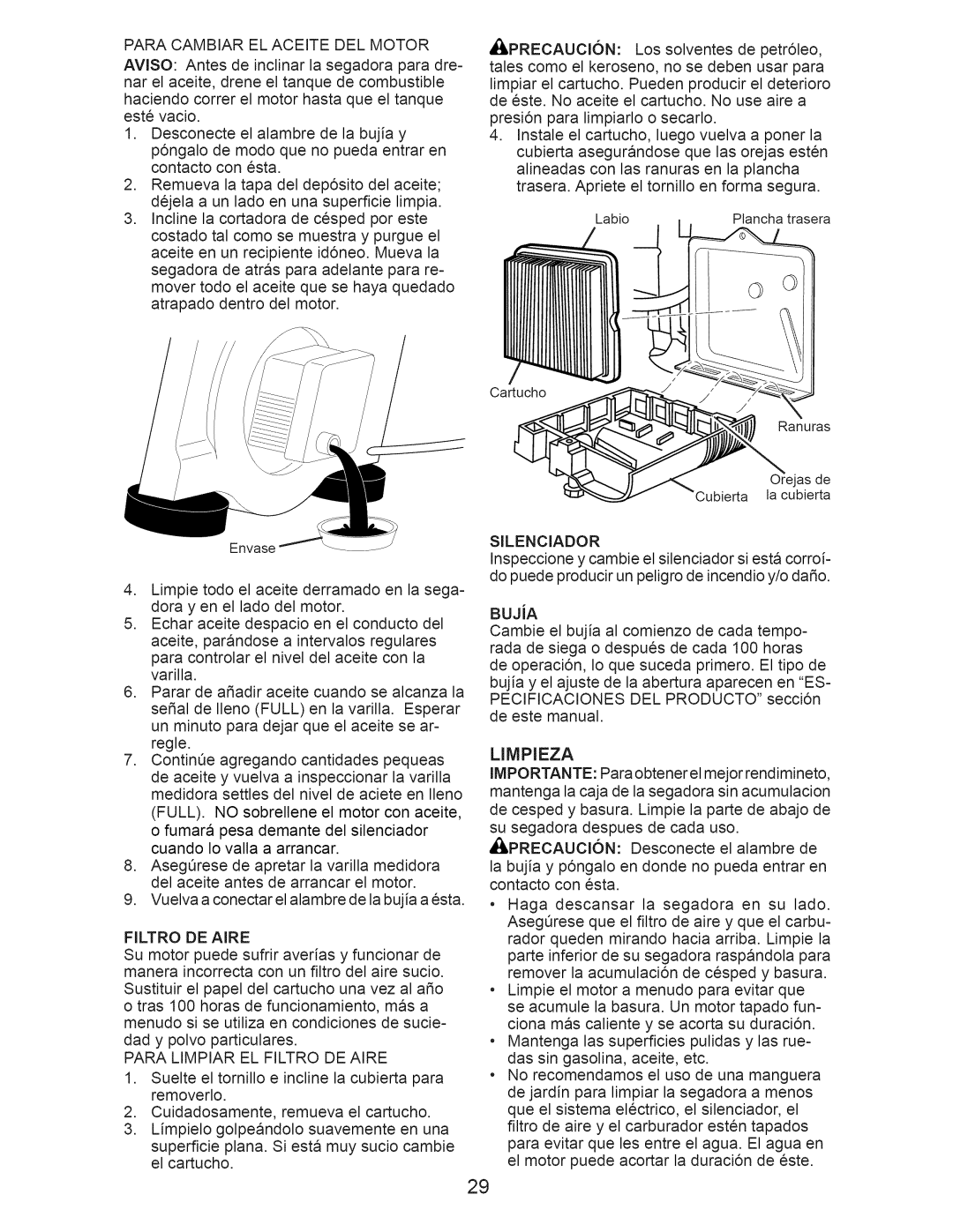 Craftsman 917.389011 manual Para Cambiar EL Aceite DEL Motor, Para Limpiar EL Filtro DE Aire, Silenciador 