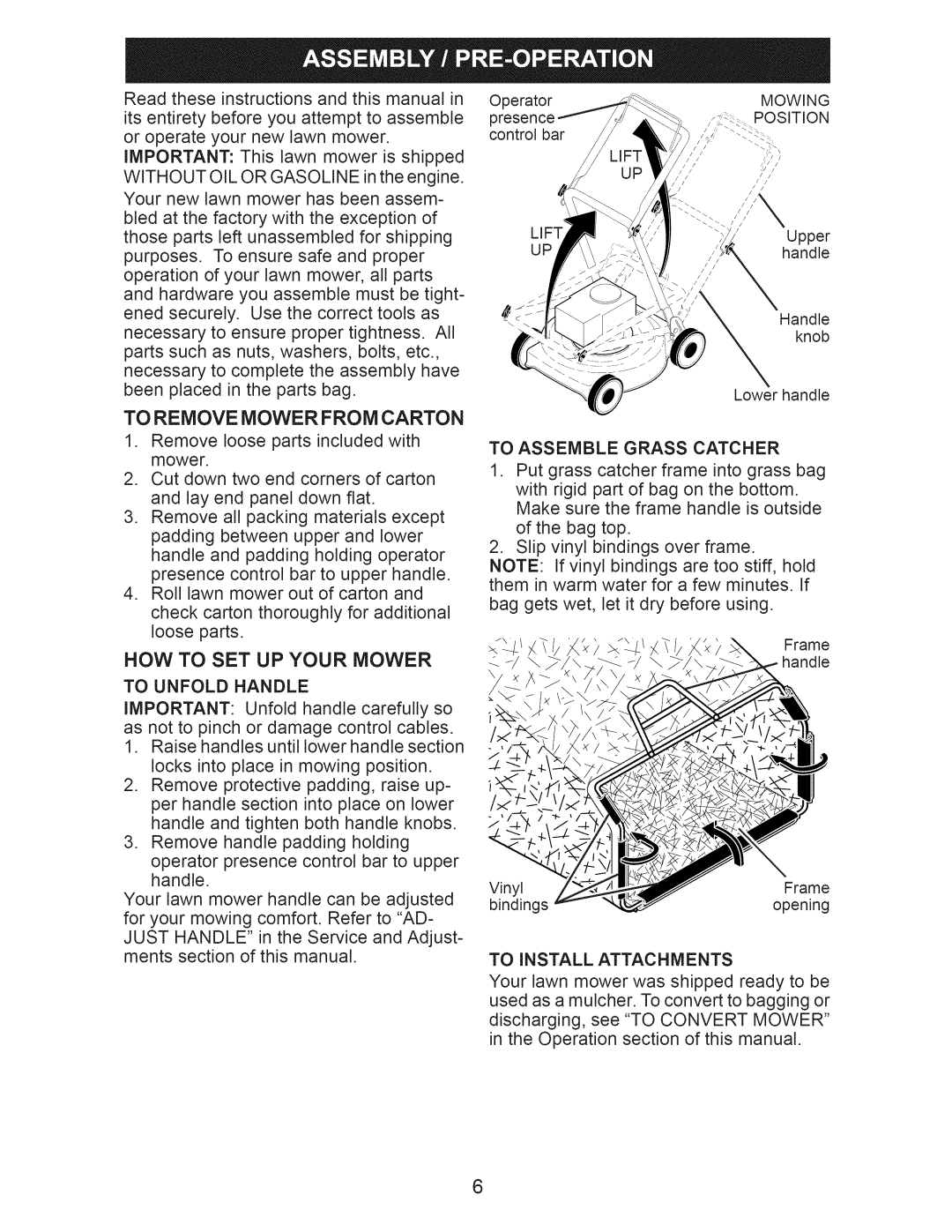 Craftsman 38901 manual To Remove Mower from Carton, To Unfold Handle, To Assemble Grass Catcher, To Install Attachments 