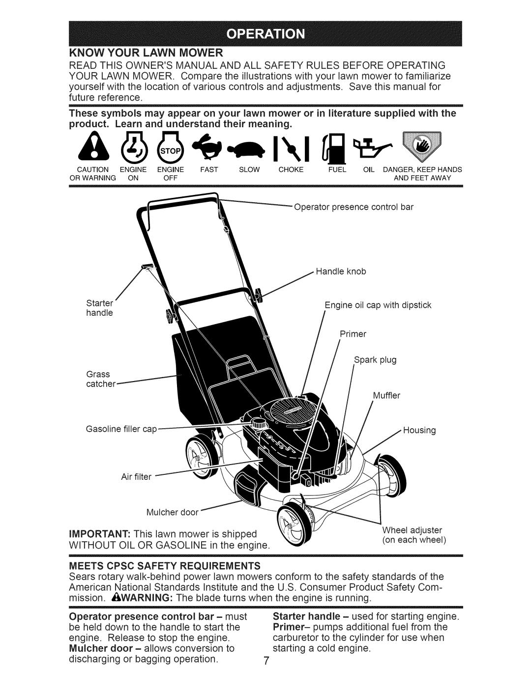 Craftsman 917.389011 manual Know Your Lawn Mower, Without OIL or Gasoline, Meets Cpsc Safety Requirements 