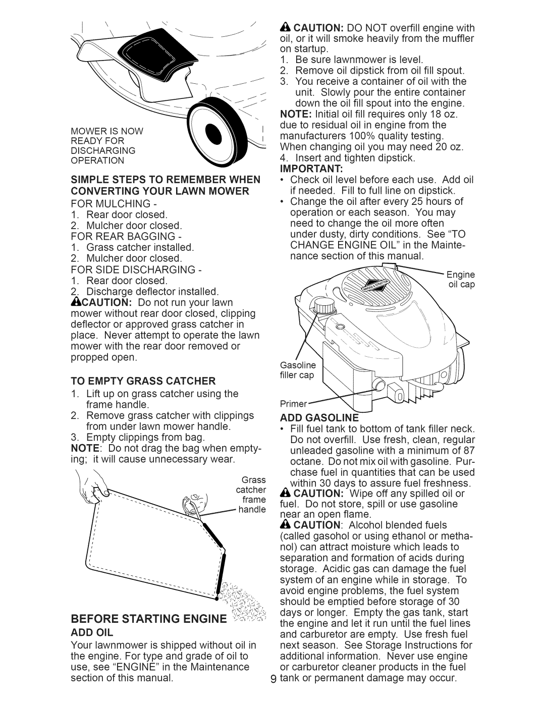 Craftsman 917.389011 manual For Rear Bagging, To Empty Grass Catcher, Before Starting Engine, Add Oil, ADD Gasoline 