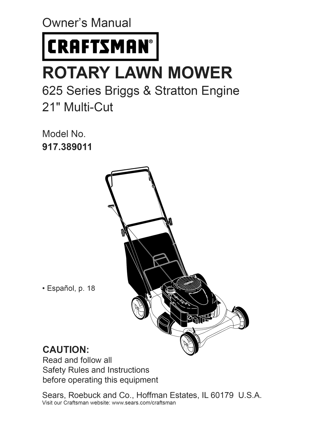 Craftsman manual Model No 917.389011, Craftsman, Rotary Lawn Mower, Owners Manual 