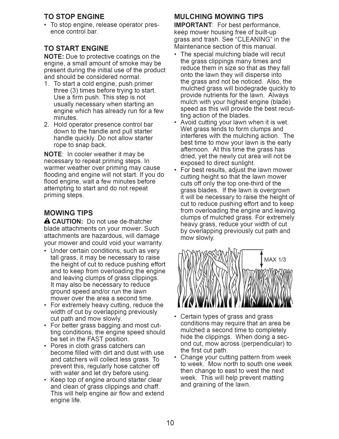 Craftsman 917.389011 manual Mulching Mowing Tips, To Stop Engine, To Start Engine 