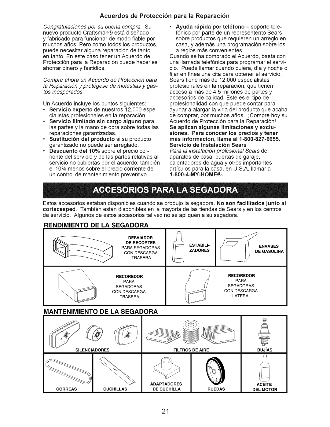 Craftsman 917.389011 manual Acuerdos de Protecci6n para la Reparaci6n, Rendimiento, De La Segadora, Mantenimiento 