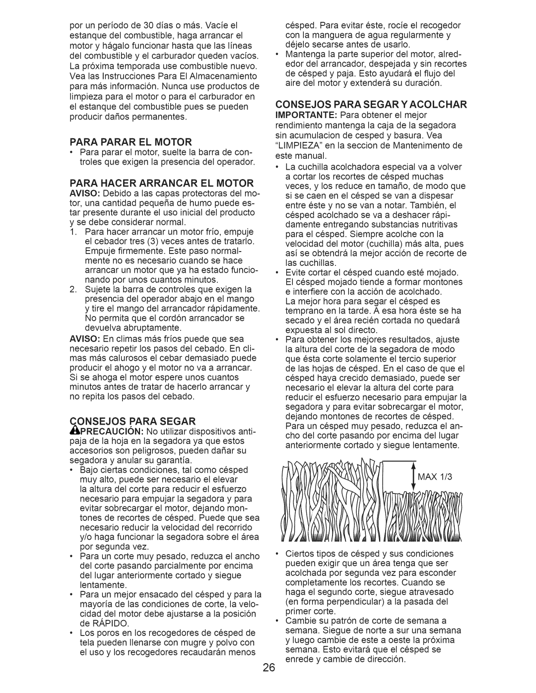 Craftsman 917.389011 manual Para Parar El Motor, Para Hacer Arrancar El Motor, Onsejos Para Segar 