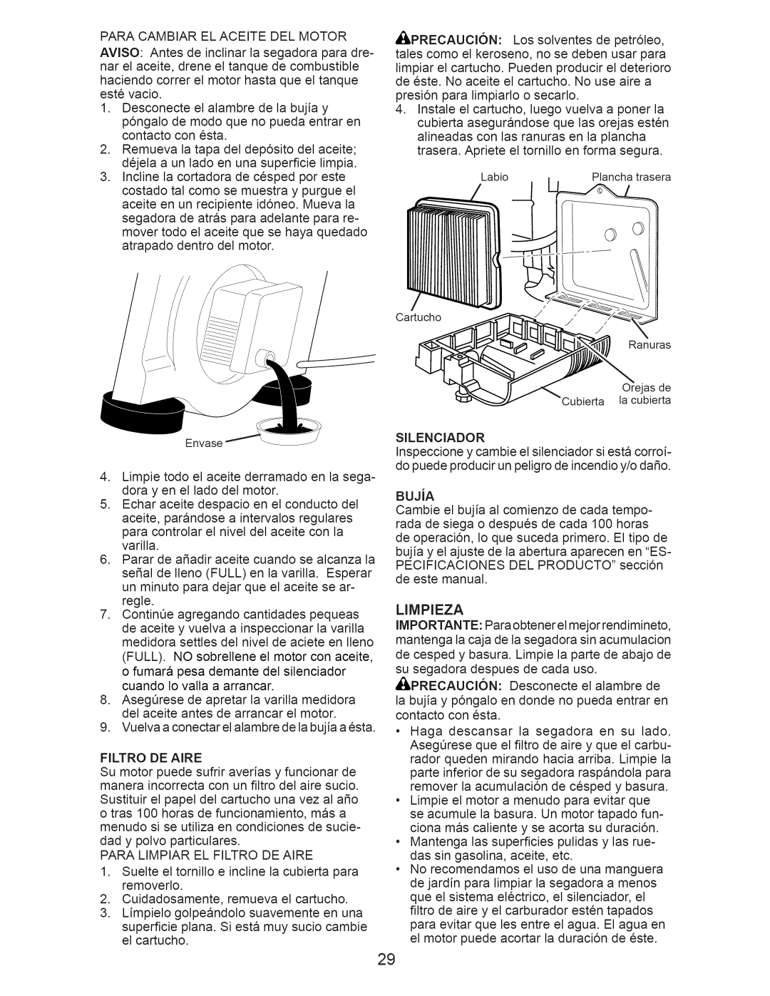 Craftsman 917.389011 manual BUJiA, Limpieza 