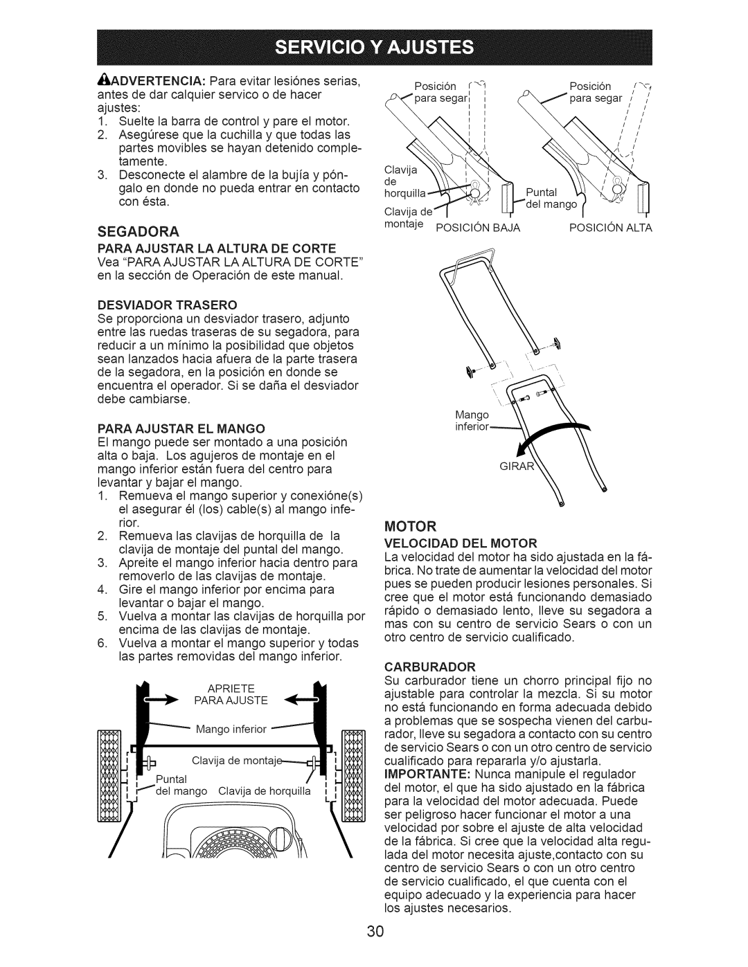 Craftsman 917.389011 manual Segadora, Motor 