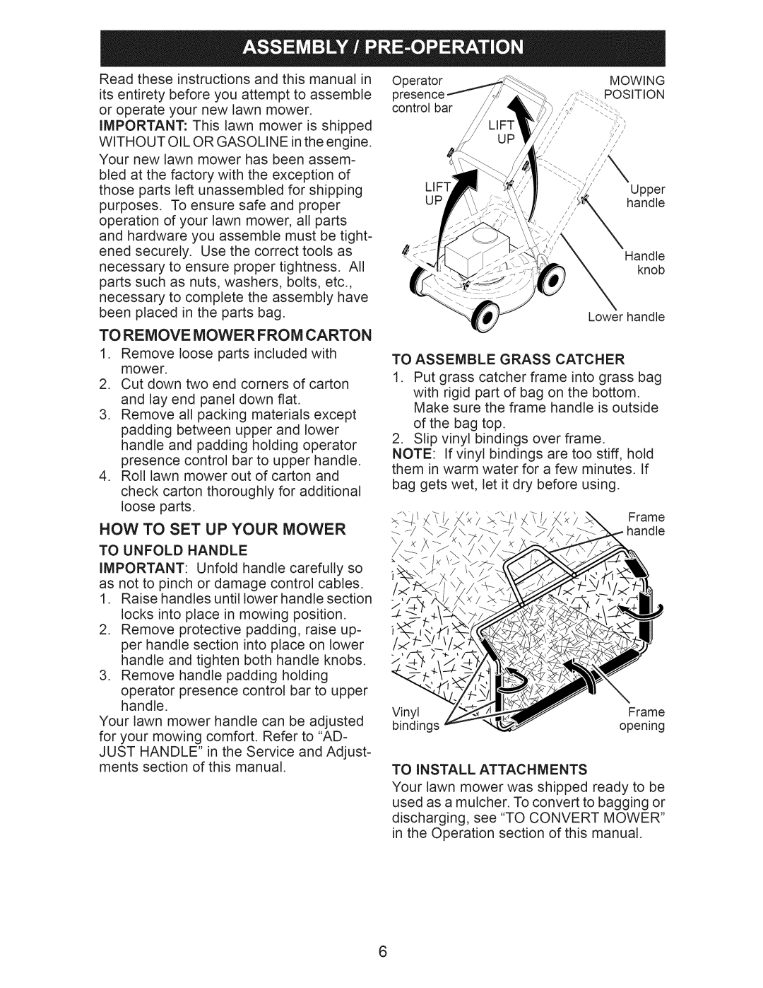 Craftsman 917.389011 manual Now To Set Up Your Mower, To Remove Mower From Carton 