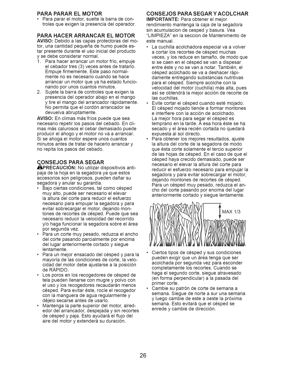 Craftsman 917.389020 manual Para Parar EL Motor, Para Hacer Arrancar EL Motor, Consejos Para Segar Y Acolchar 