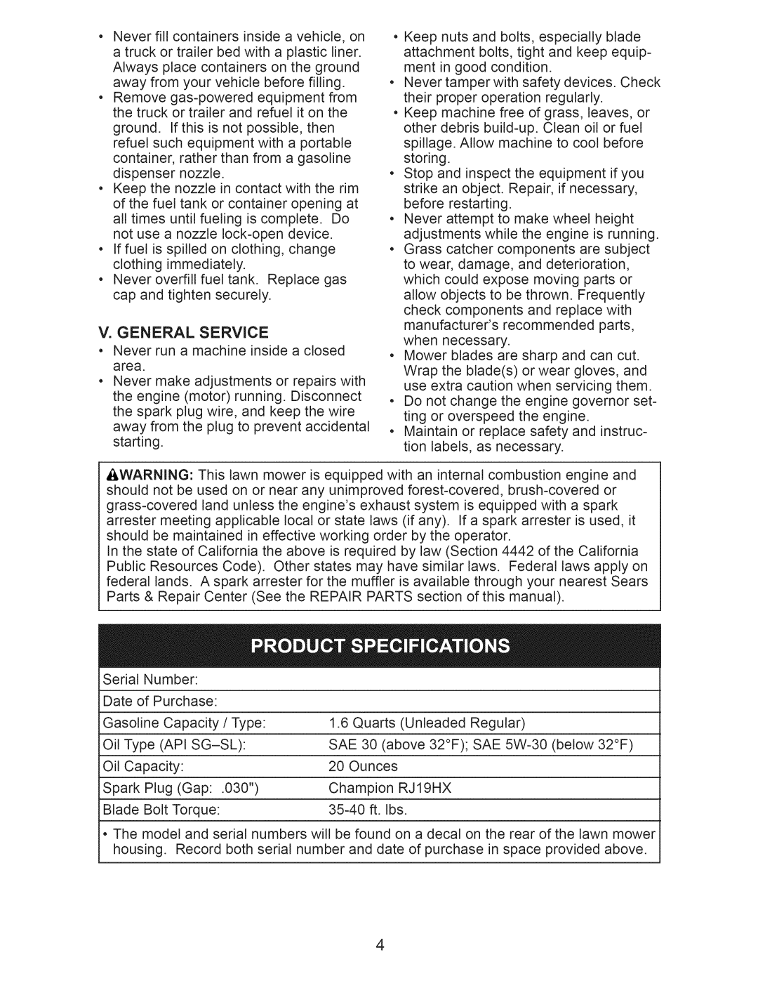 Craftsman 917.389020 manual General Service, RJ19HX 