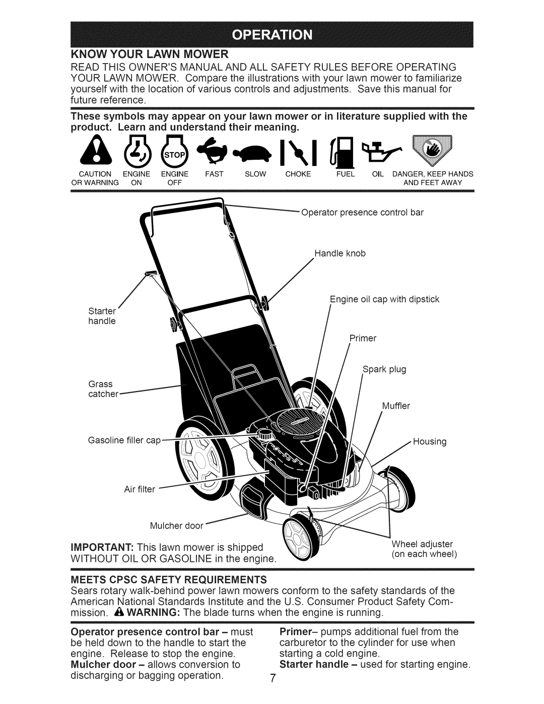 Craftsman 917.389020 manual Know Your Lawn Mower, Without OIL or Gasoline, Meets Cpsc Safety Requirements 