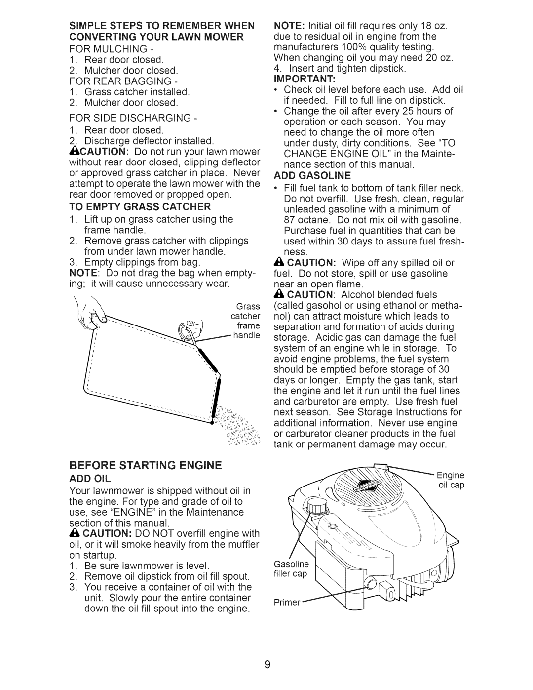 Craftsman 917.389020 manual Before Starting Engine, For Rear Bagging, To Empty Grass Catcher, ADD Gasoline 