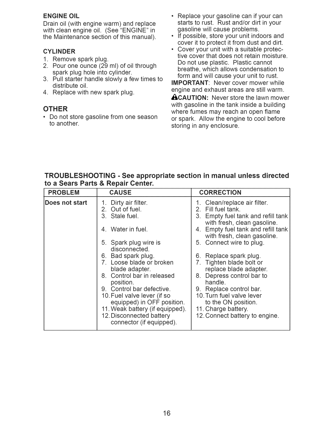 Craftsman 917.389050 owner manual Cylinder, Other, Troubleshooting, Problem Cause Correction, Engine OIL 