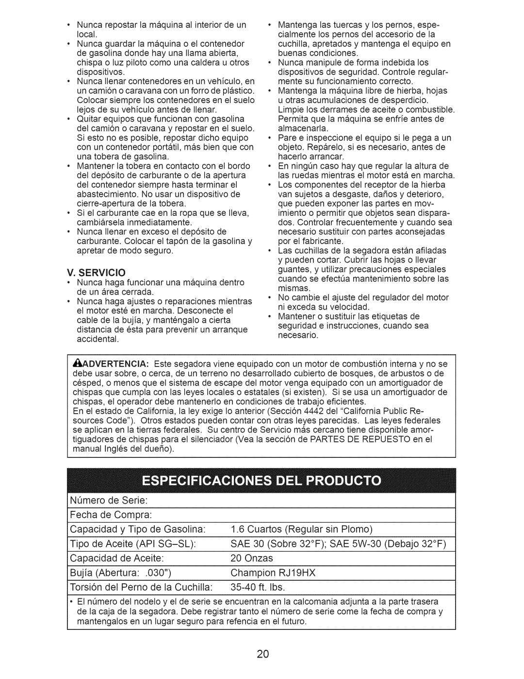 Craftsman 917.389050 owner manual Api Sg-Sl Sae, RJ19HX 