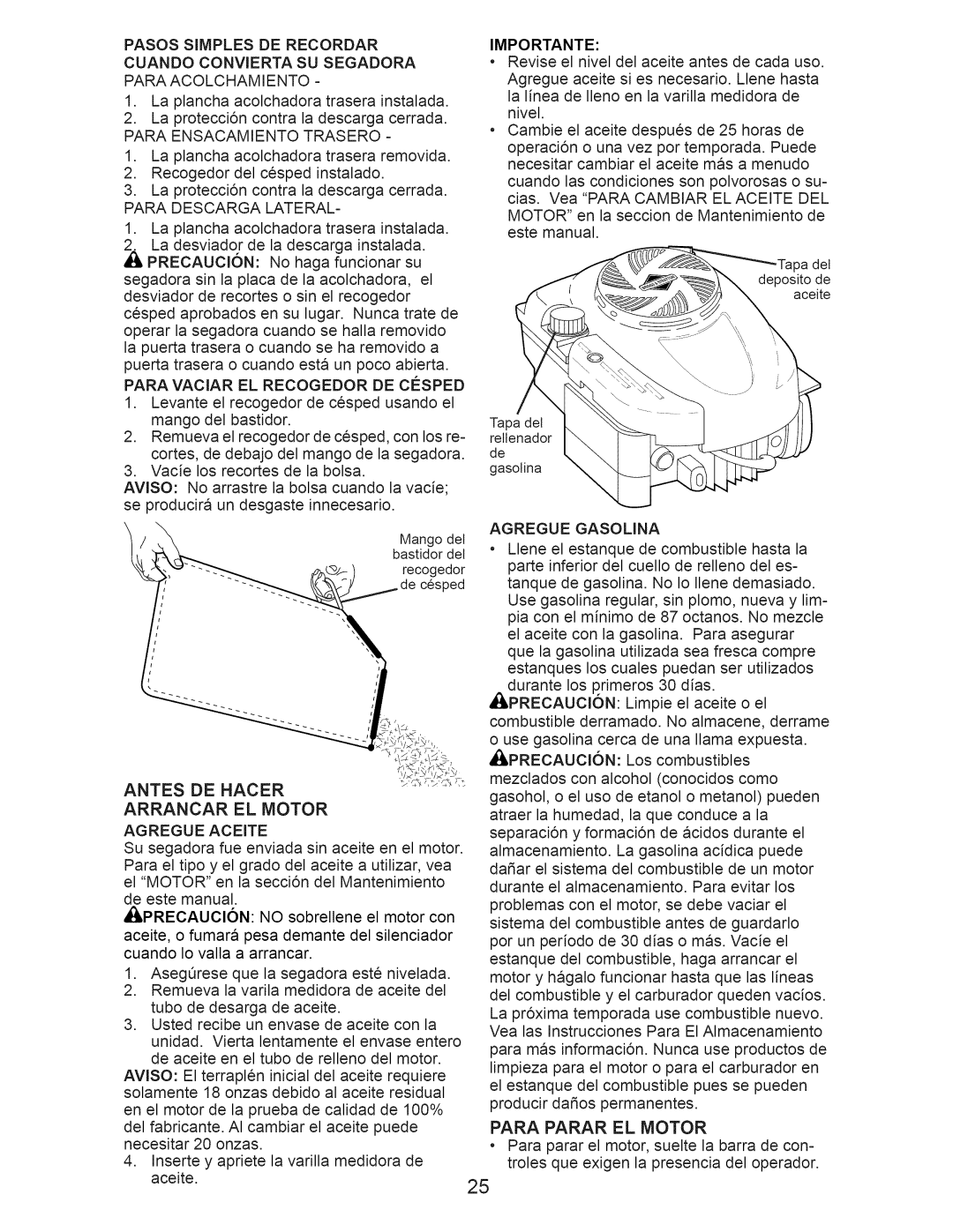 Craftsman 917.389050 owner manual Antes DE Hacer Arrancarelmotor, Para Parar EL Motor 