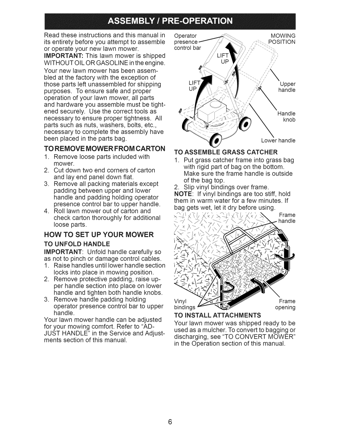 Craftsman 38905 To Remove Mower from Carton, To Unfold Handle, To Assemble Grass Catcher, To Install Attachments 