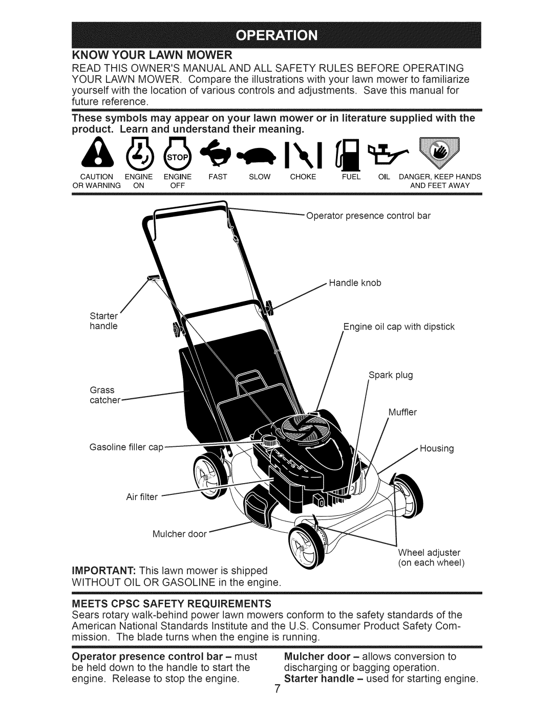 Craftsman 917.389050 owner manual Know Your Lawn Mower, Meets Cpsc Safety Requirements 