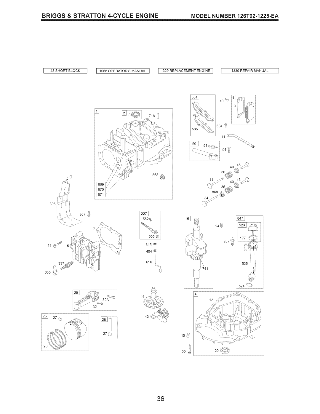 Craftsman 917.389050 _84J, _;qL#, Short Block, II058OPERATORSMANUALI I 1329 REPLACEMENT ENGINE, Repair Manual, 562_ 