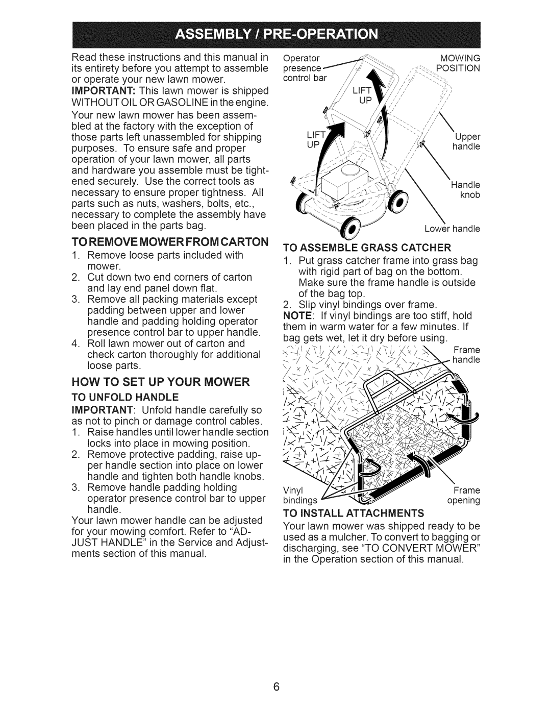 Craftsman 917.389050 owner manual Now To Set Up Your Mower, To Remove Mower From Carton 