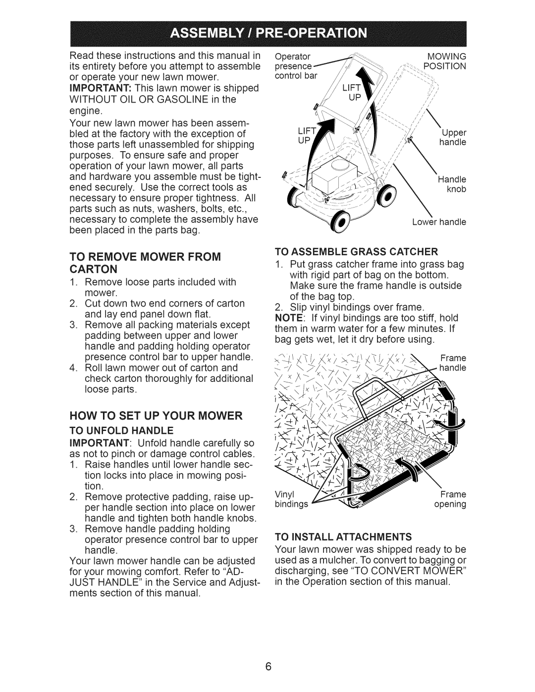 Craftsman 38906 To Remove Mower from Carton, NOW to SET UP Your Mower, To Assemble Grass Catcher, To Unfold Handle 