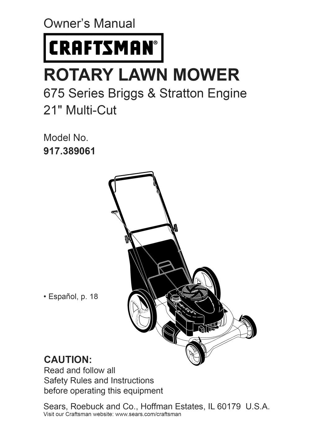 Craftsman owner manual Model No 917.389061, Craftsman, Rotary Lawn Mower, Owners Manual 