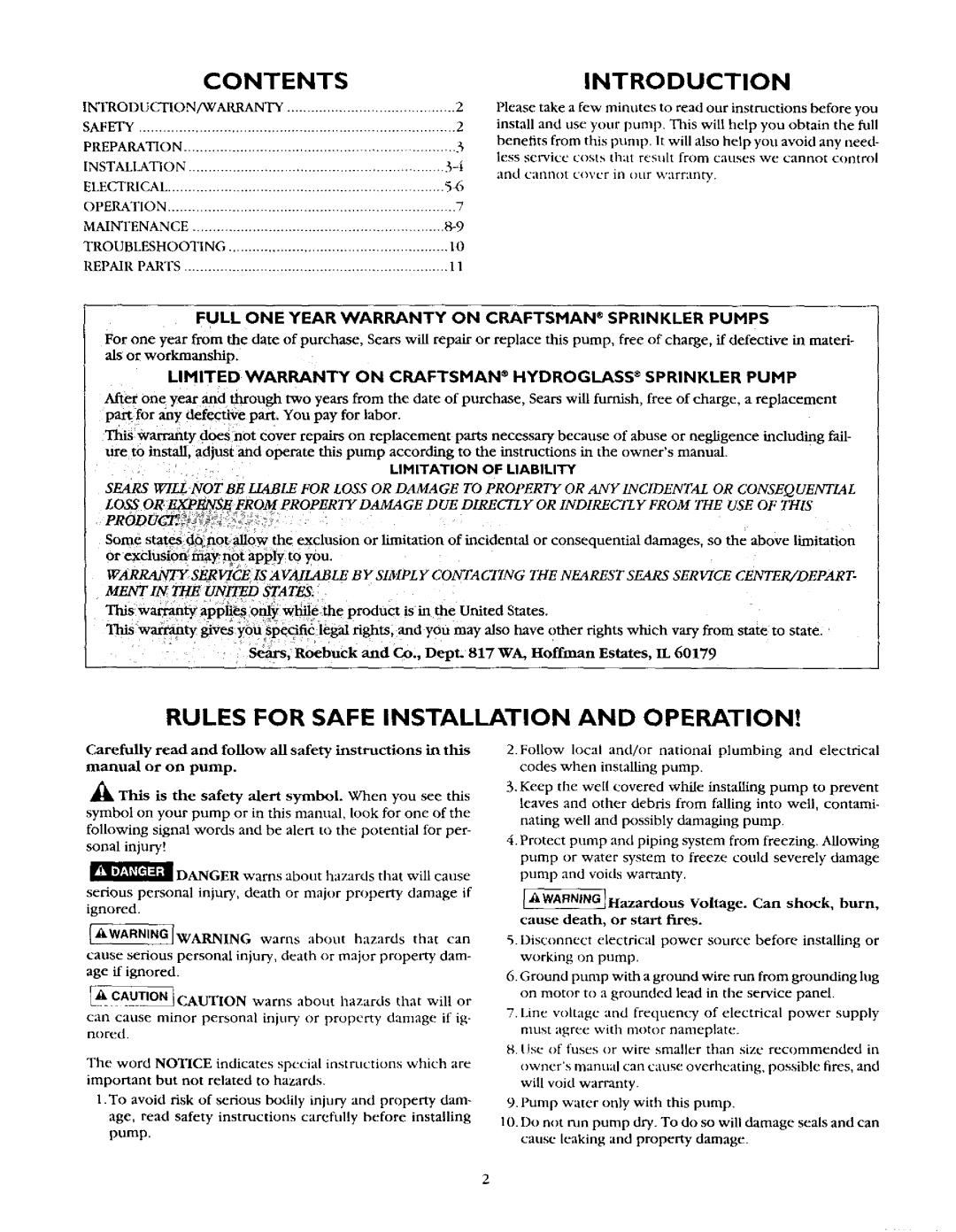 Craftsman 390.262553, 390.262653, 390.262454 owner manual Contentsintroduction, Rules for Safe Installation and Operation 