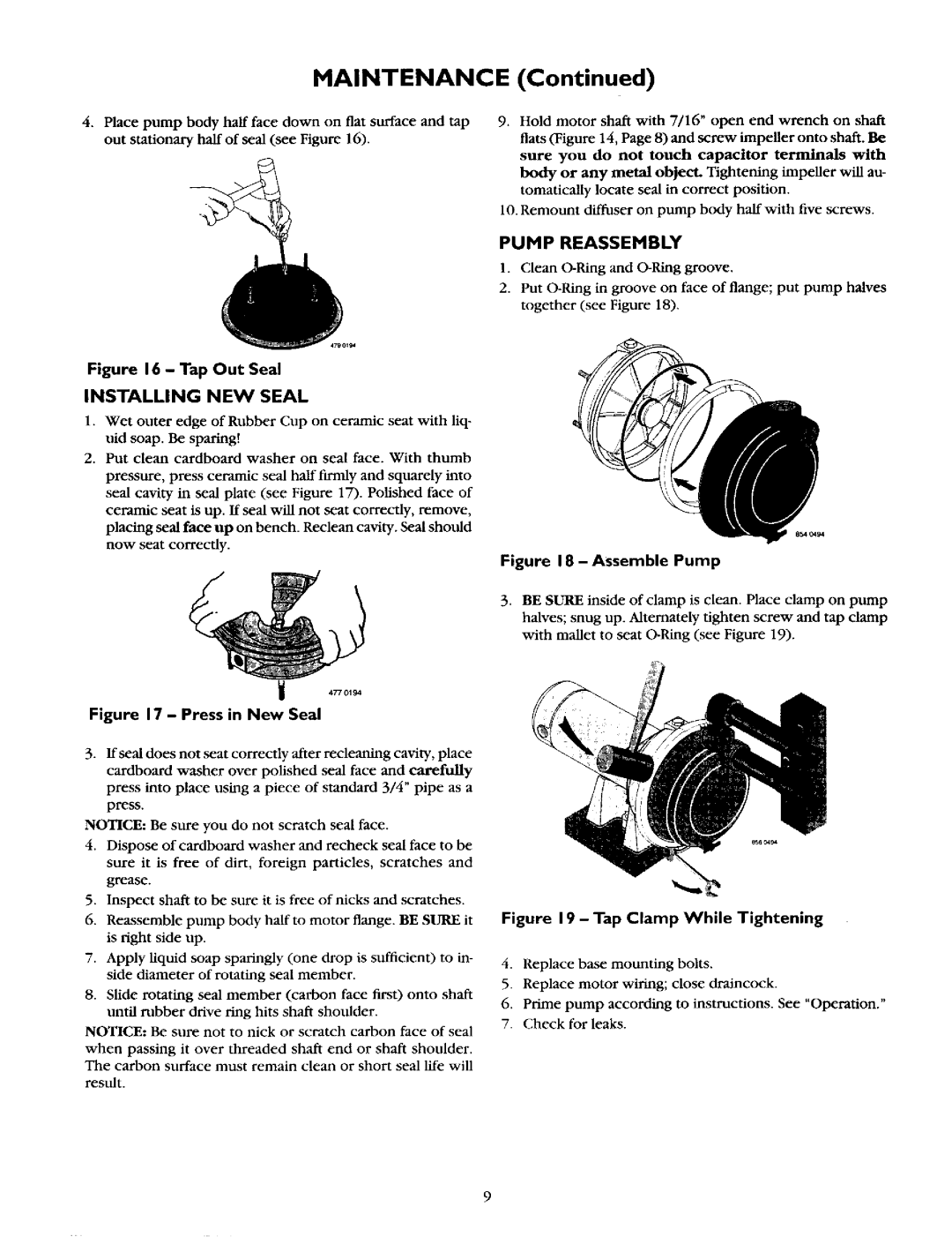 Craftsman 390.262653, 390.262454, 390.262553 owner manual Maintenance, Pump Reassembly, Installing NEW Seal 