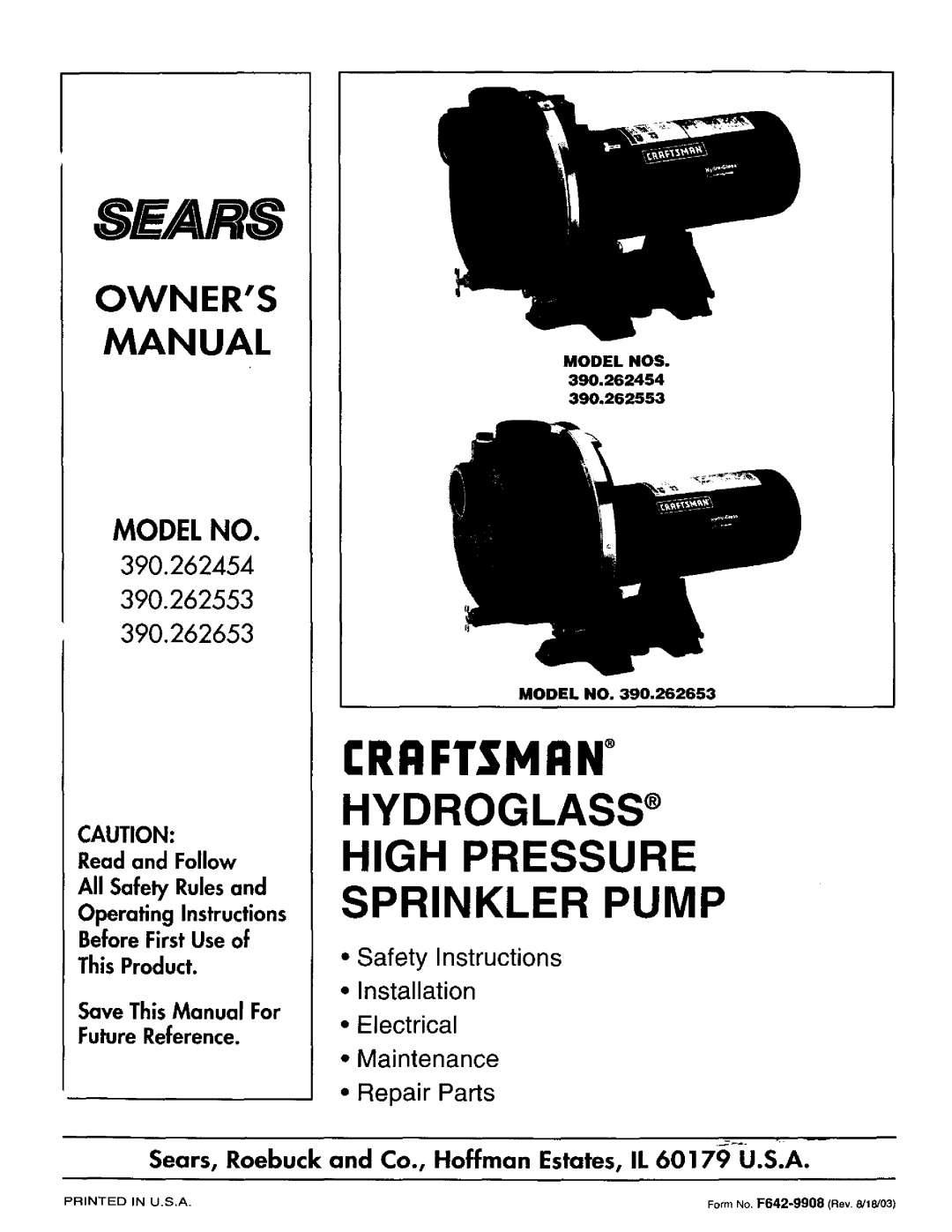 Craftsman 390.262454 owner manual Sears, IRIIFrSMg N, Hydroglass High Pressure, Sprinkler Pump, Installation, Modelno 