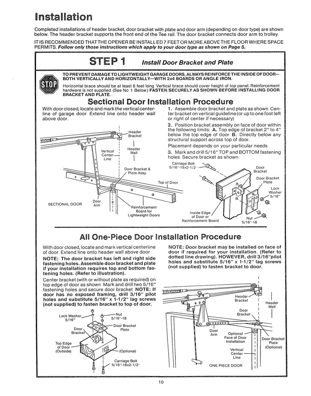 Craftsman 39535006 specifications Instalaation, Install Door Bracket and Plate 