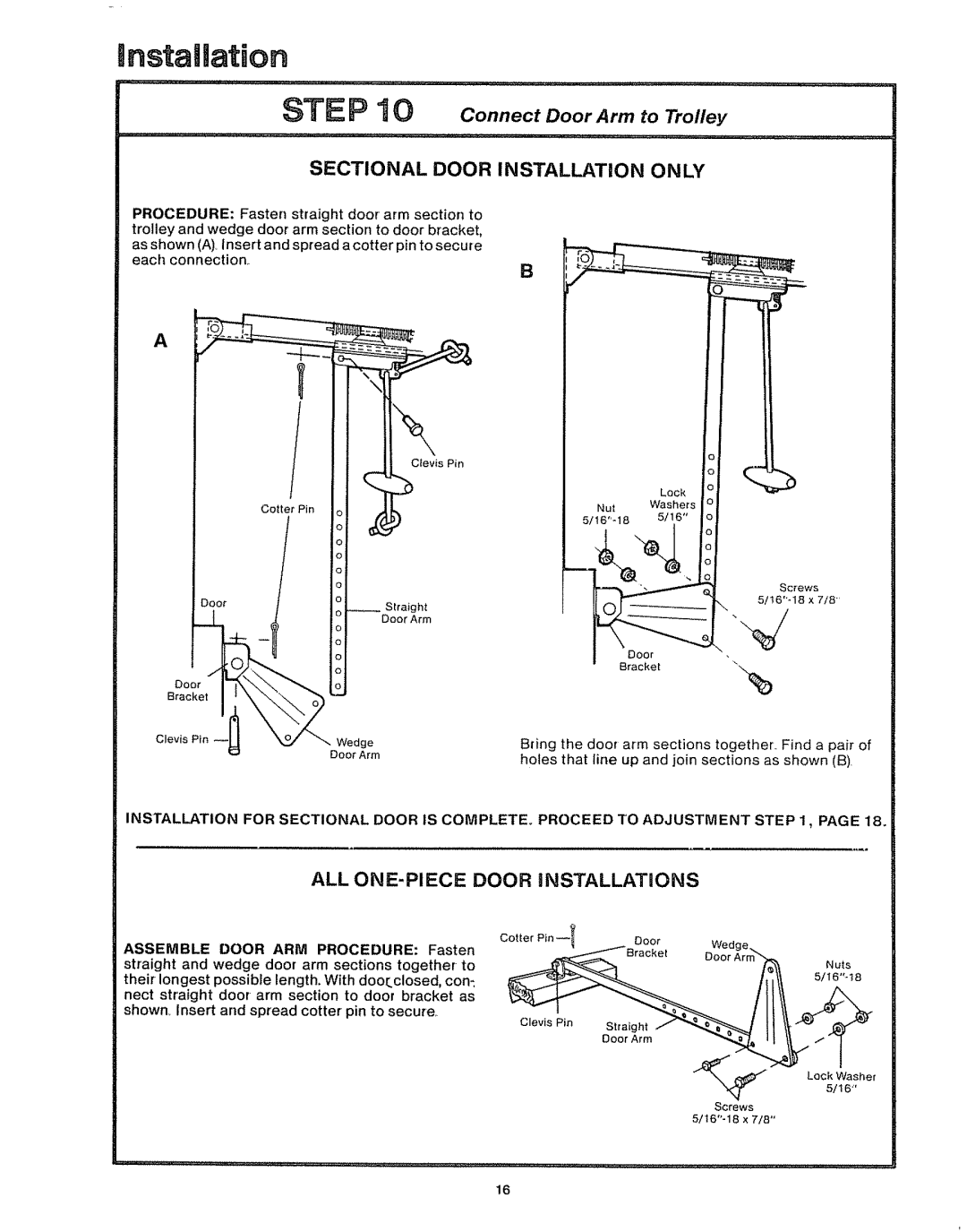 Craftsman 39535006 specifications Instalation, Connect Door Arm to Trolley 