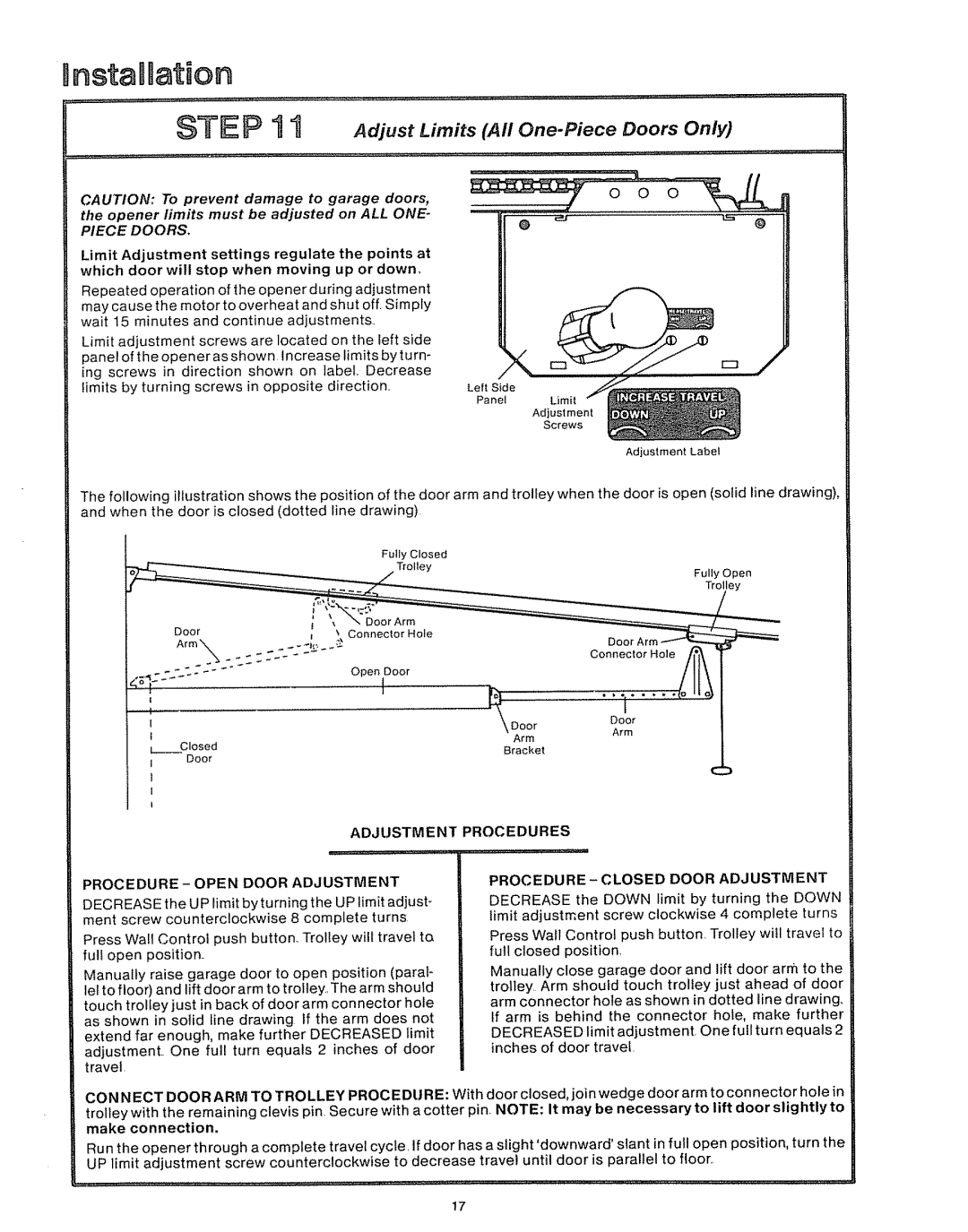 Craftsman 39535006 Nstam ation, Adjustment Procedure Open Door Adjustment, Procedures, Procedure Closed Door Adjustment 