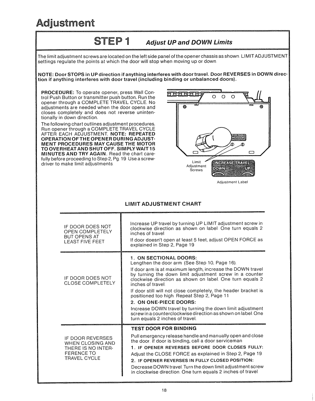 Craftsman 39535006 Adjust UP and Down Limits, Test Door for Binding, If Opener Reverses Before Door Closes Fully 