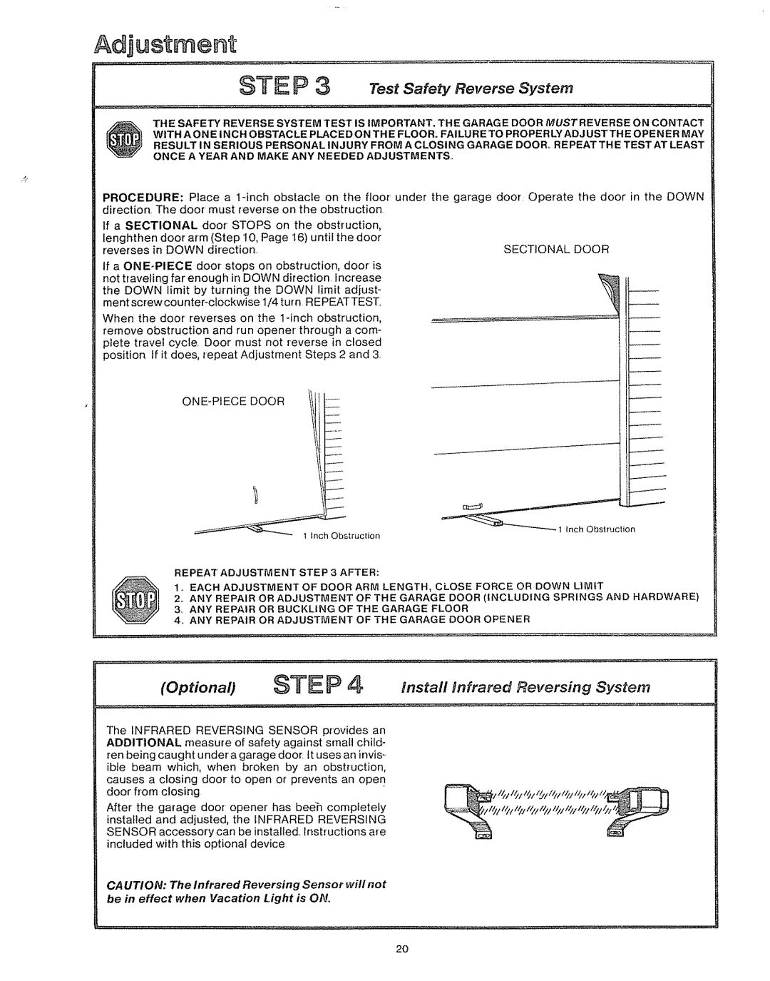 Craftsman 39535006 specifications Install tnfrared, Sectional Door, Down, ONE-PIECE Door 