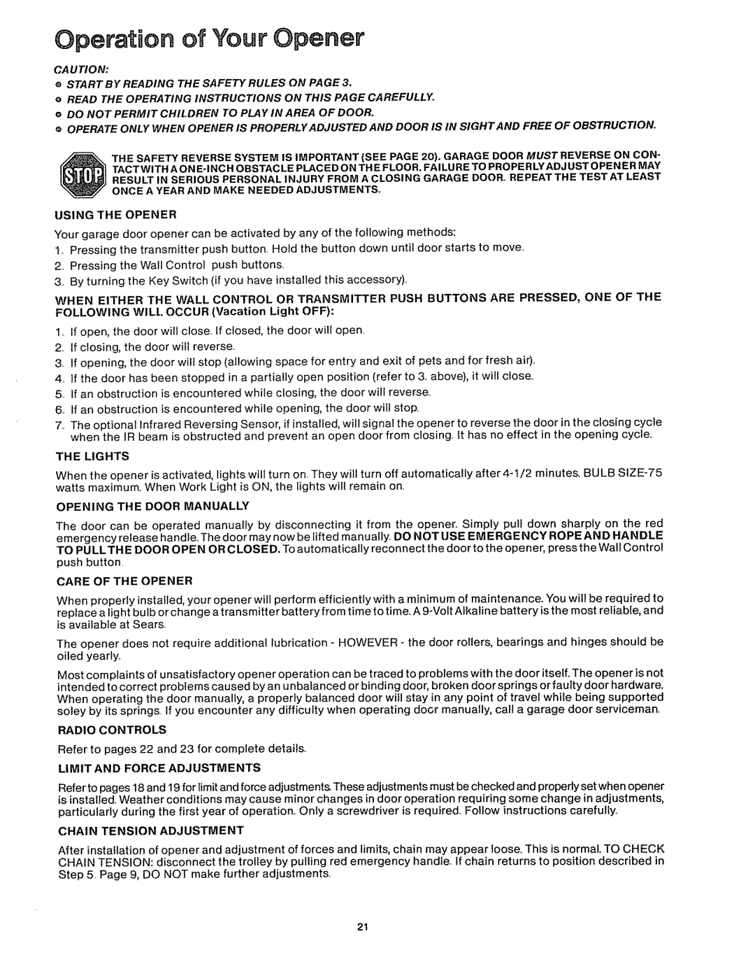 Craftsman 39535006 Operation of Your Opener, Using the Opener, Opening the Door Manually, Care Oftheopener, Radio Controls 