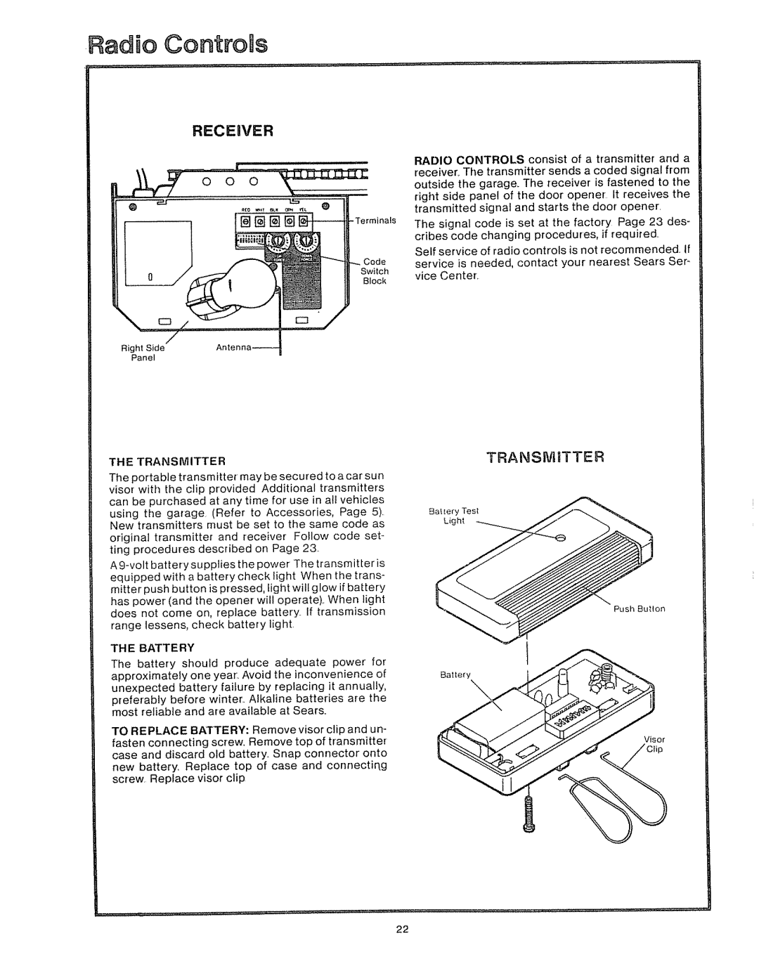 Craftsman 39535006 specifications Radio Controls, Transmitter, Battery 