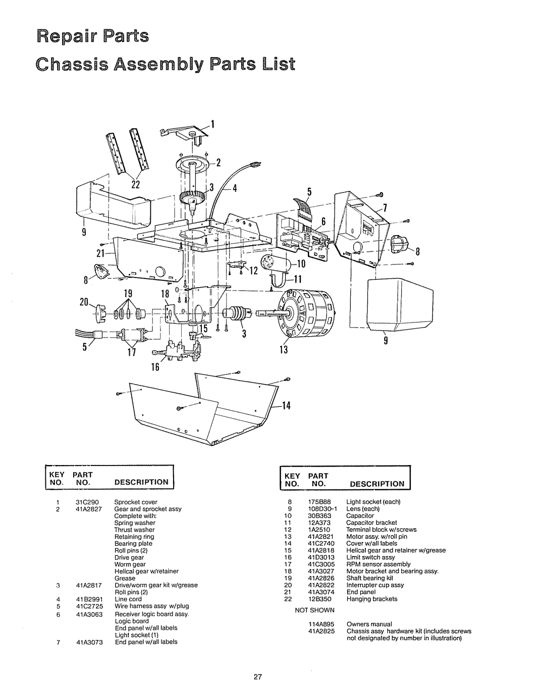 Craftsman 39535006 specifications Chassis Assembmy Parts List, KEY Part Description 