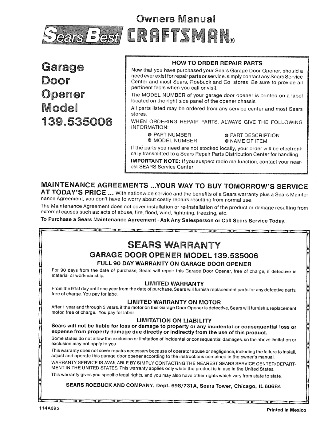 Craftsman 39535006 specifications HOW to Order Repair Parts, Full 90 DAY Warranty on Garage Door Opener, Limited Warranty 