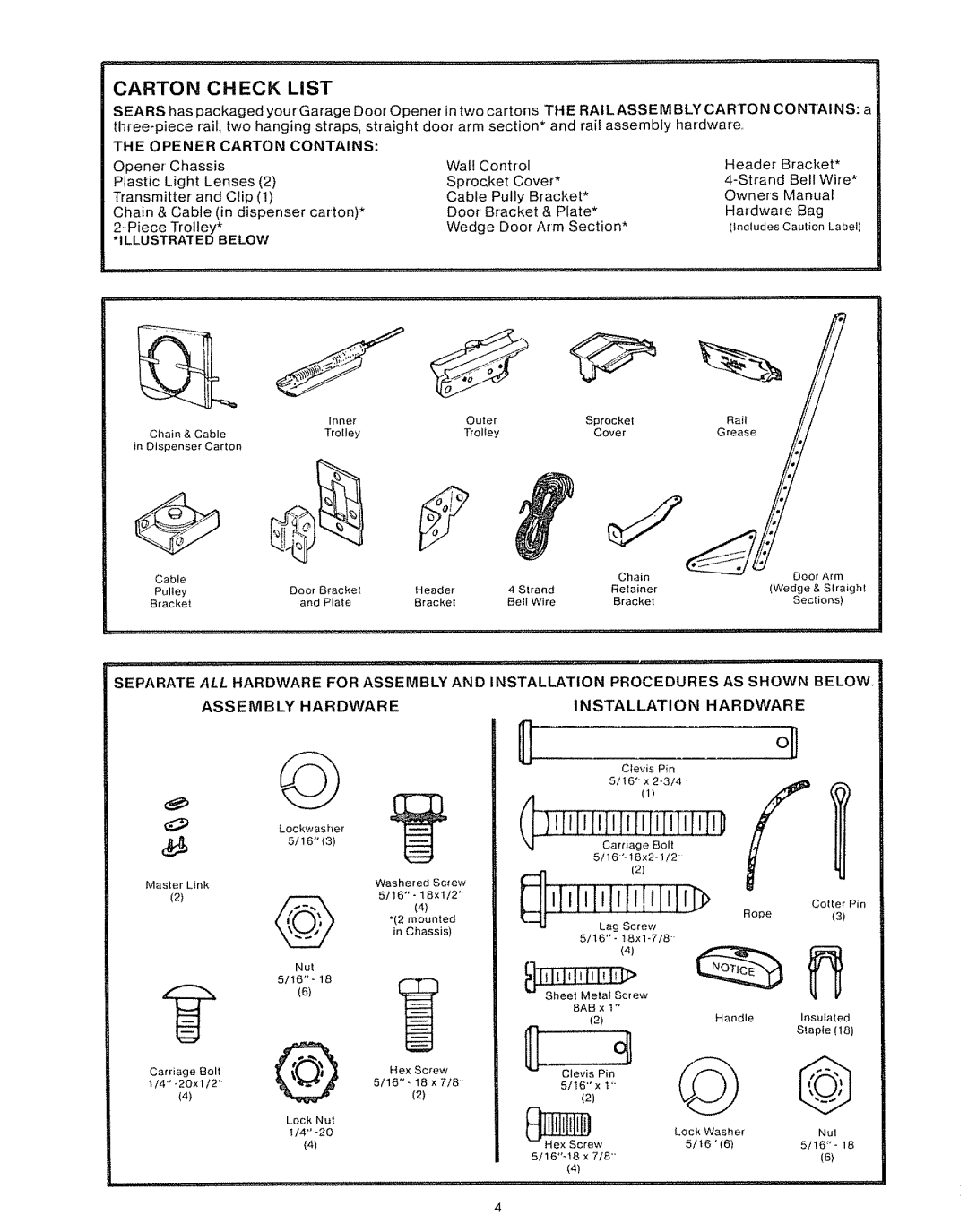 Craftsman 39535006 specifications Opener Carton Contains, Illustratedbelow 